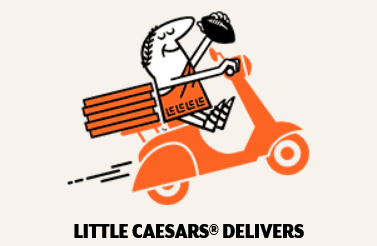 Little Caesars delivers pizza with a cheerful mascot on a scooter.