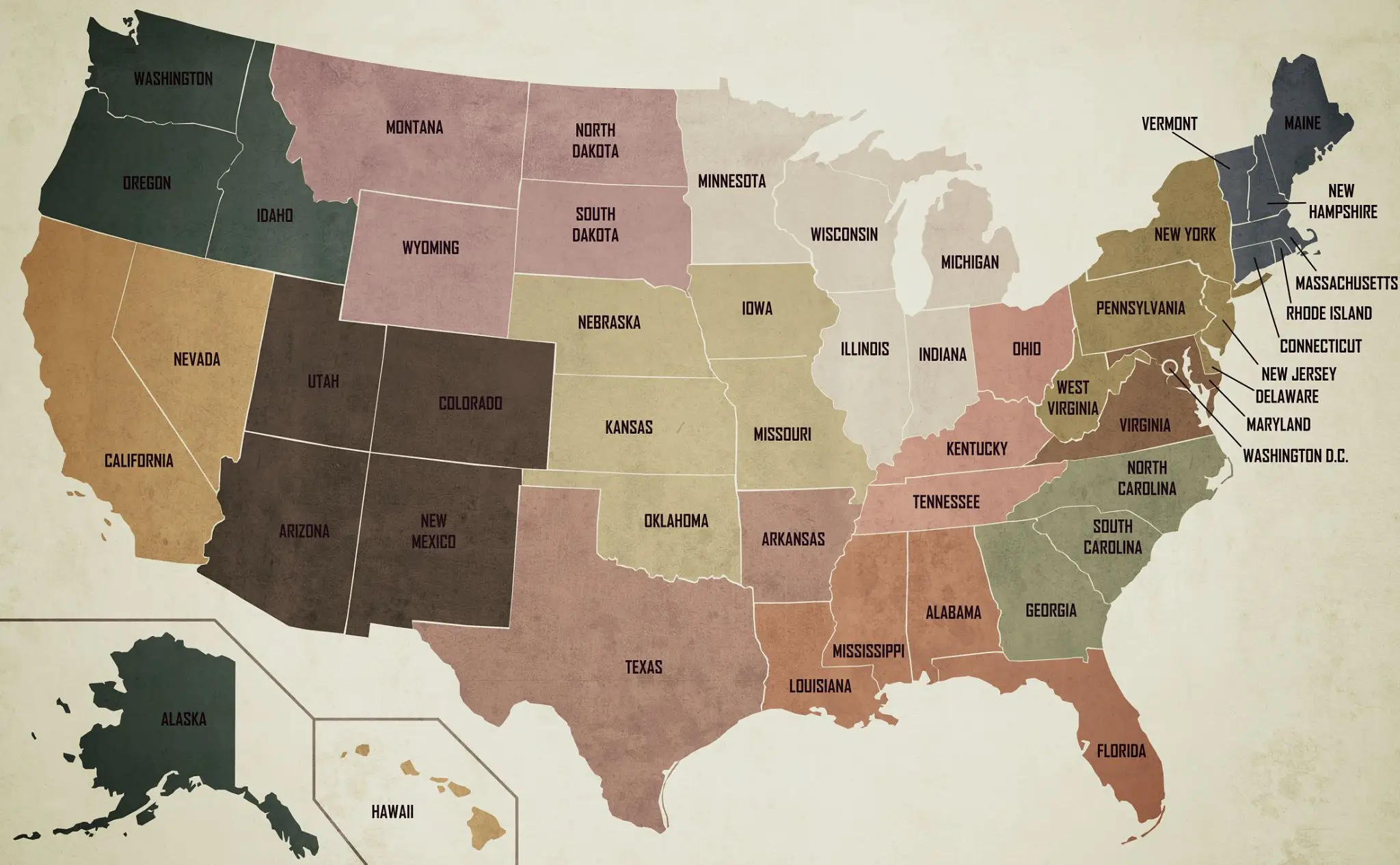 Map of the United States showing regions by color-coded states.