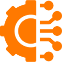Orange gear and circuit icon representing technology integration.