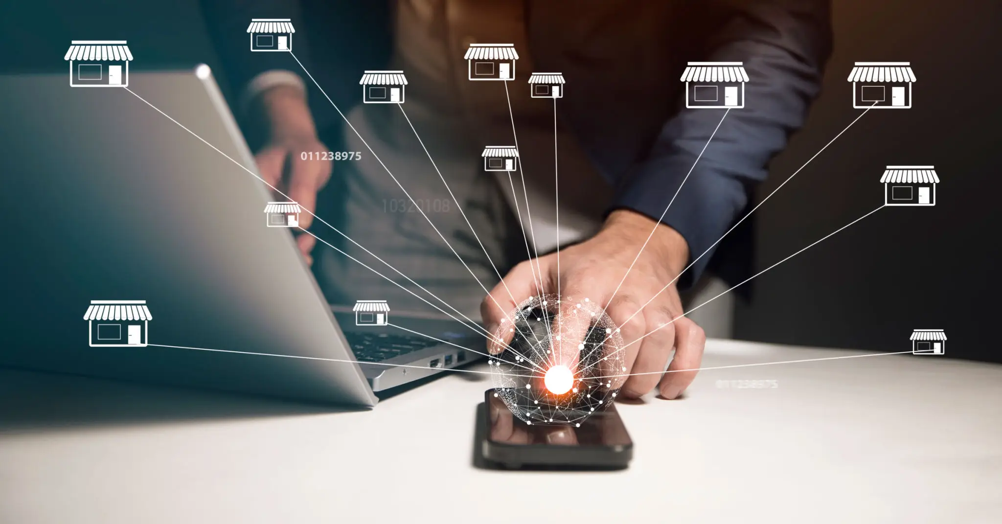 Person interacting with a smartphone showing digital connections.