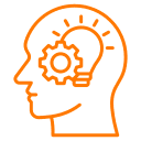 Orange icon of a human head with a gear and light bulb inside.