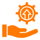 An orange hand holding a gear with an upward arrow inside.