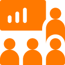 Three people presenting a bar chart on a board.